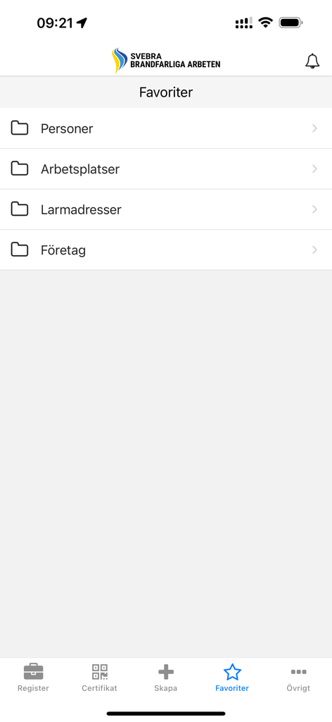 Brandfarliga arbeten - Favorites menu screen of the Hot Work app featuring folders for people workplaces alarm addresses and companies