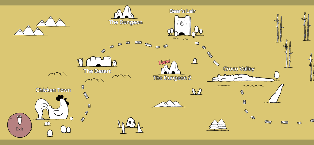 Battle Bunny:Tower Defense War - Mapa do mundo desenhado à mão em estilo doodle mostrando níveis como Chicken Town e Bears Lair em Battle Bunny Tower Defense War