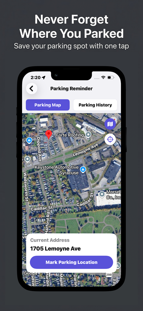 GPS Navigation & Live Earthmap - Parking Reminder interface on a satellite map with a Mark Parking Location button