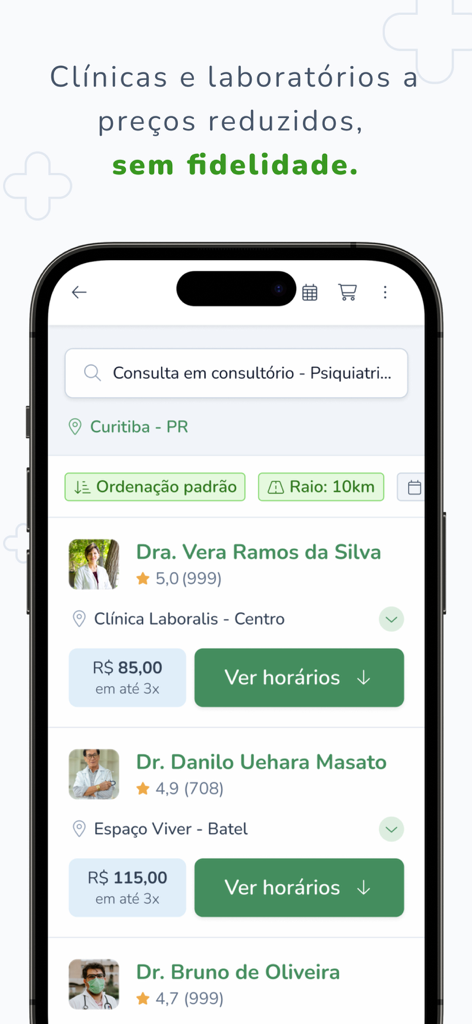 Medprev app interface showing a list of available doctors with ratings and transparent consultation pricing