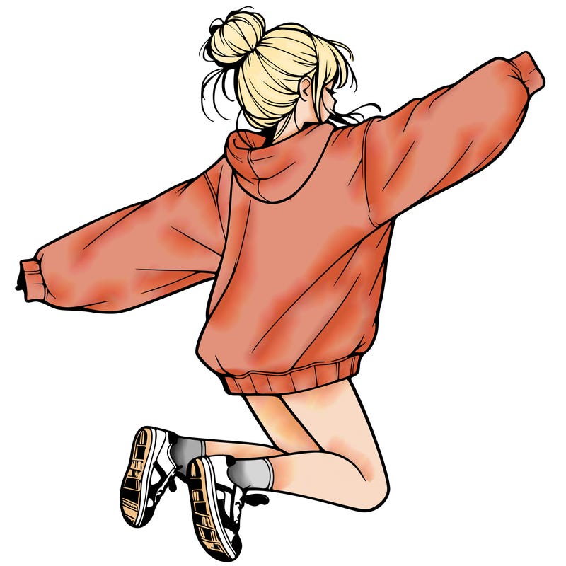 realistic girl jumping with a bun and oversized sweatshirt