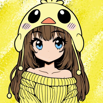 anime girl with chick shaped hat with sweater with bare shoulders with bangs covering them one eye with low tail