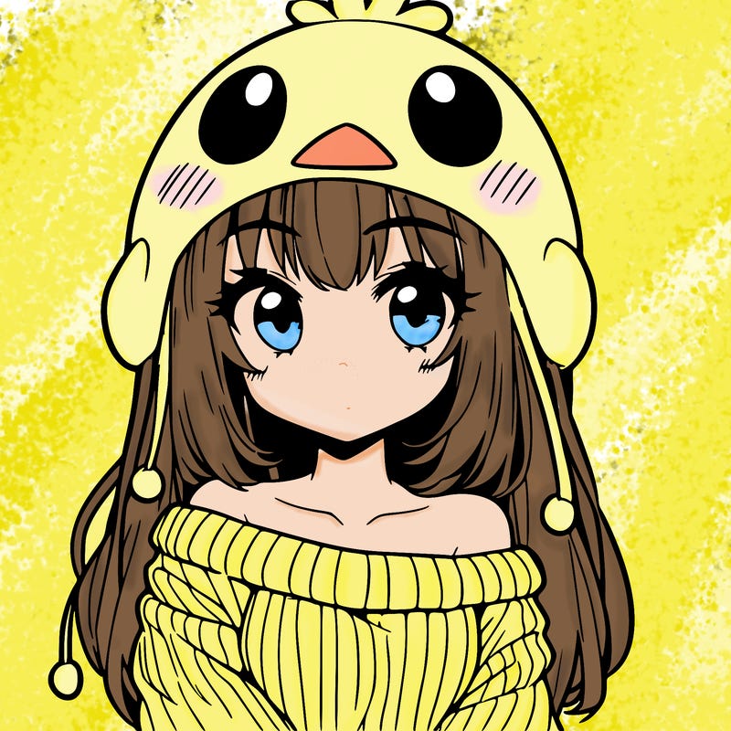anime girl with chick shaped hat with sweater with bare shoulders with bangs covering them one eye with low tail