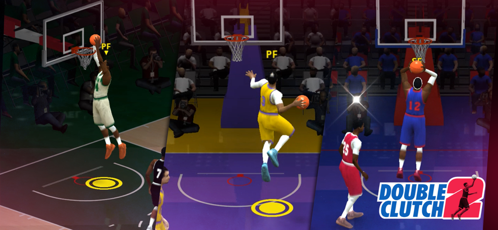 Collage of arcade basketball gameplay featuring players performing dunks and jump shots in DoubleClutch 2