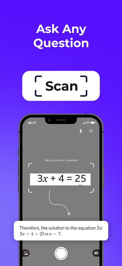 ScanSolve app interface scanning a math equation on a smartphone and displaying the solution instantly