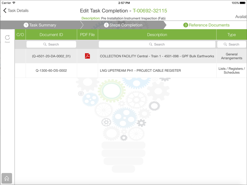A screenshot of the Smart Completions Legacy app on an iPad showing the reference documents tab within a task completion workflow.