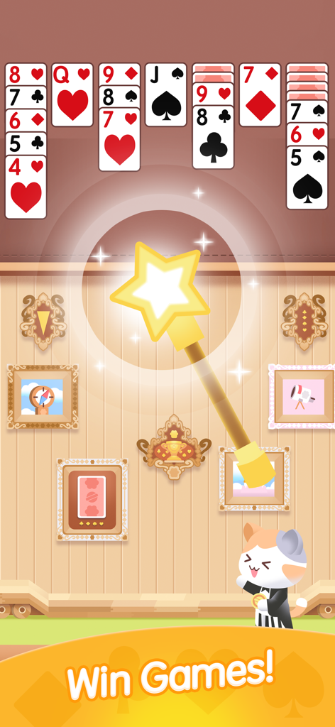 A classic solitaire game interface featuring a magic wand and a cute cat character in a decorated room.