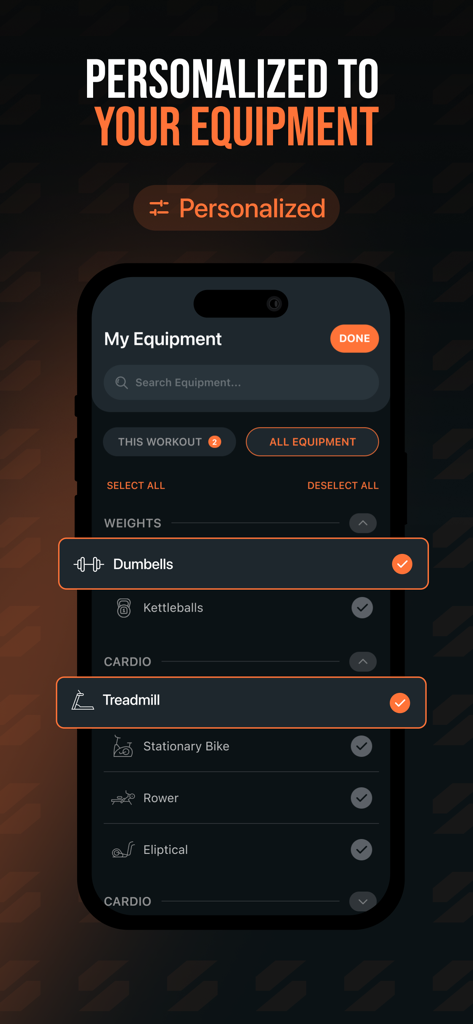 SHRED: Gym & Home Workouts - Benutzeroberfläche der SHRED-Fitness-App, die die Auswahl der verfügbaren Ausrüstung für personalisierte Heim- und Fitnessstudio-Workouts anzeigt