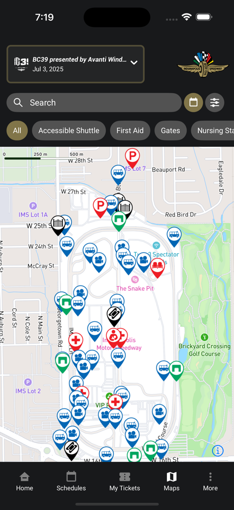 Interactive track map of the Indianapolis Motor Speedway in the mobile app showing various event facilities and points of interest.