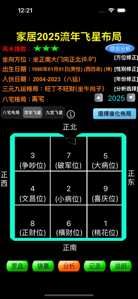 Screenshot of the 2025 annual flying star layout in the professional smart feng shui compass app.