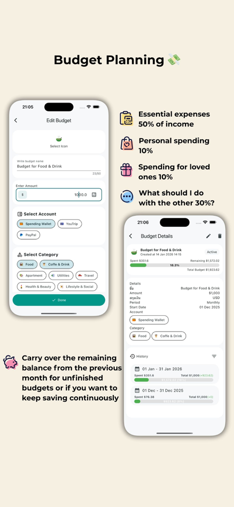 NoteMoney app interface showing budget planning with category icons and carry over functionality