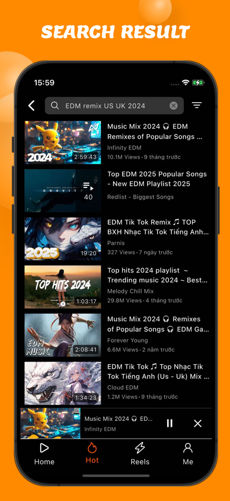 Suchergebnisse-Bildschirm in der OneTube-App, der verschiedene EDM-Musikvideo-Mixe auf einer iPhone-Oberfläche anzeigt.