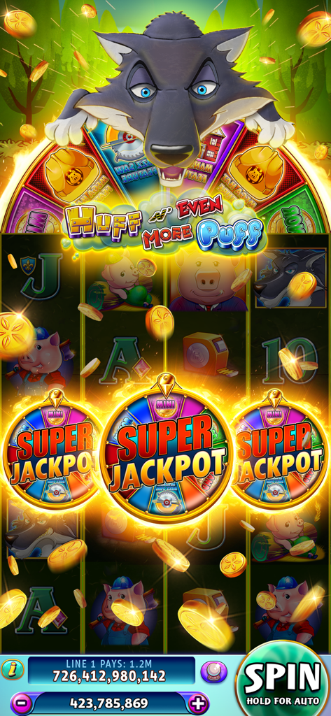 Juego de tragamonedas Gold Fish Casino que muestra el tema Huff N Even More Puff con tres ruedas de bonificación de súper jackpot y personajes de cerdos y lobo