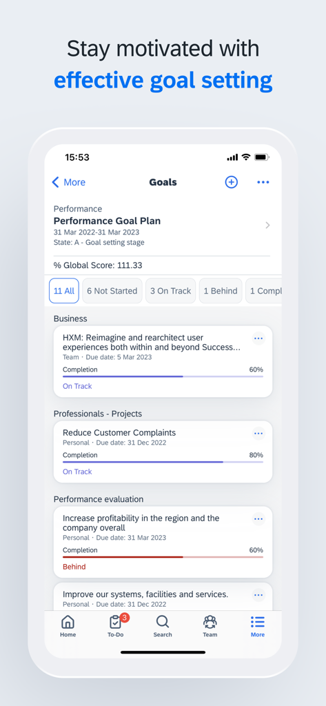 SAP SuccessFactors mobile app performance goals dashboard showing project completion status