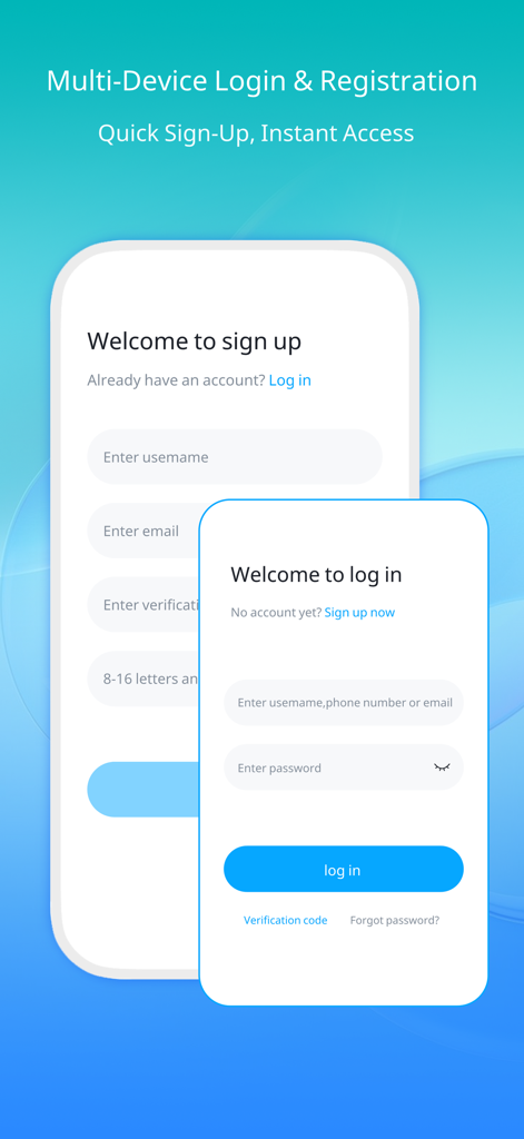 Pantallas de inicio de sesión y registro para la aplicación visor de modelos 3D eZWalker sobre un fondo azul