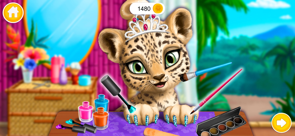 A leopard cub wearing a tiara getting a makeover with makeup brushes and nail polish in a colorful jungle salon.