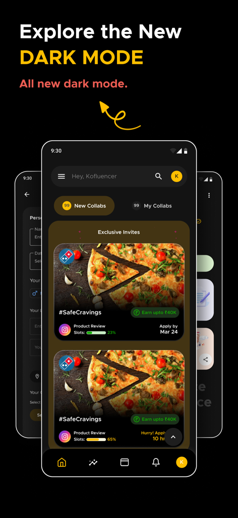 Kofluence mobile app dashboard displaying brand collaboration invites in dark mode.