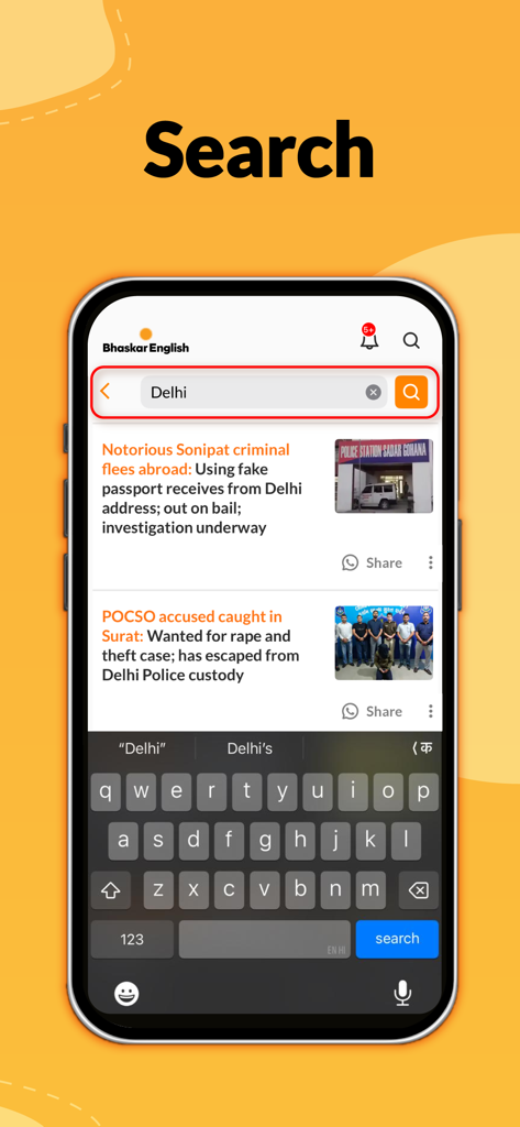 English News by Dainik Bhaskar - A mobile app interface of English News by Dainik Bhaskar showing the search feature with local news results for Delhi.