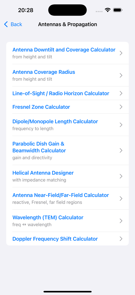 RF & Ham Radio Toolkit - Antenna and propagation calculators list in RF and Ham Radio Toolkit app