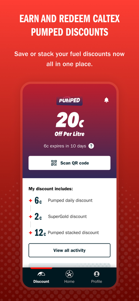 Caltex NZ app interface showing a 20 cents off per litre fuel discount and reward stacking options