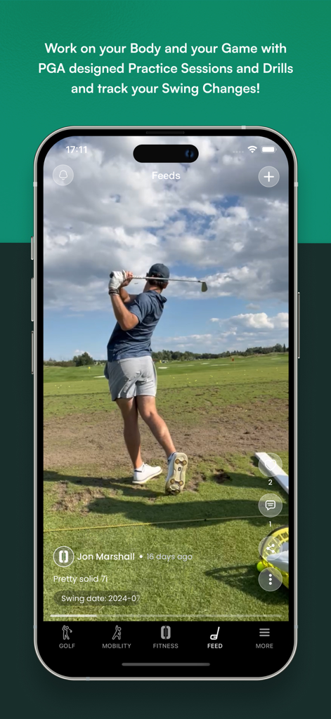 A smartphone displaying the DRVN app social feed with a video of a golfer's swing on a driving range.