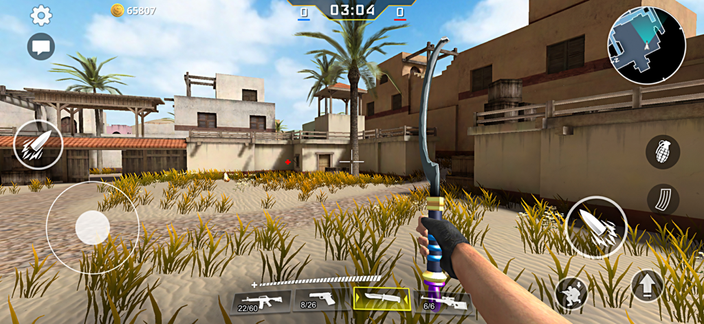 First person view of GO Strike mobile game showing a desert map and a melee weapon