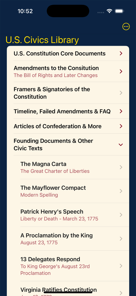 Menu of U.S. constitutional and historical documents in the app interface