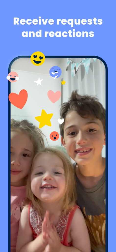 Zoog: Books, Songs, E-Cards - Three children smiling in a video response with heart and star emojis on the Zoog app