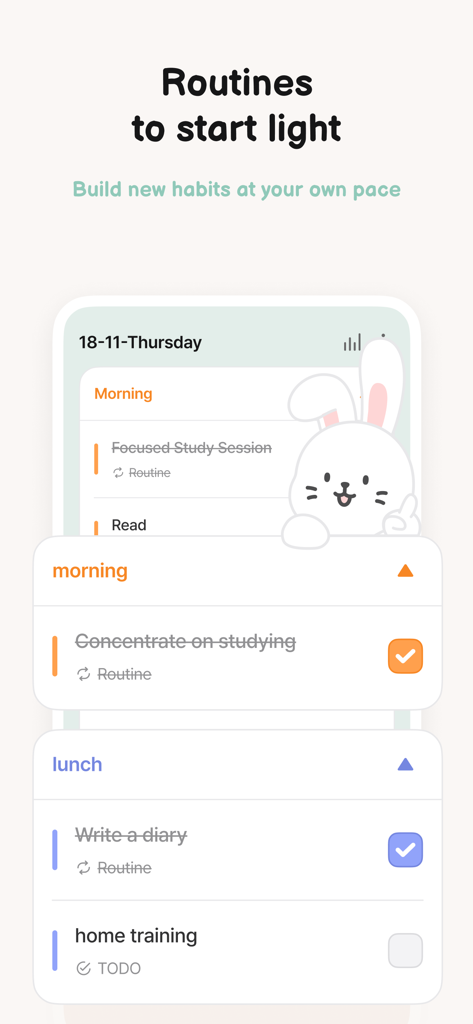 Roubit app interface showing morning and lunch routine checklists with a cute white rabbit character