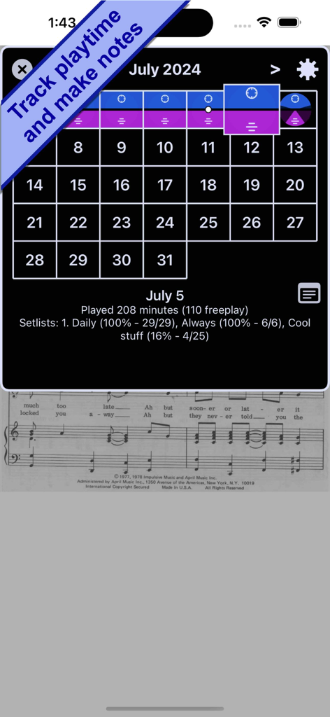 Sheet Show - Vista de calendario dentro de la aplicación Sheet Show mostrando estadísticas de tiempo de práctica musical y progreso diario.
