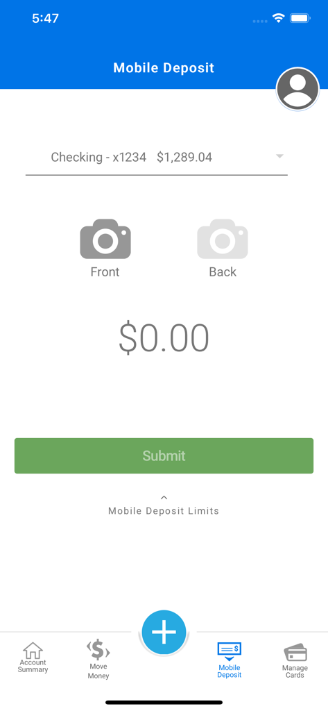 RBFCU - RBFCU mobile app interface for depositing checks with camera icons for front and back images.