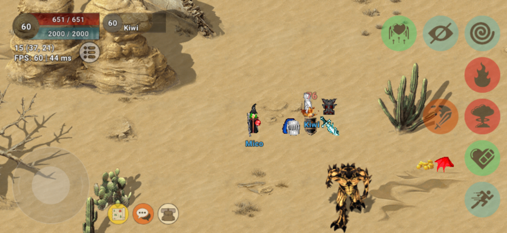 Eternum Online - Captura de pantalla de la jugabilidad de Eternum Online mostrando jugadores y un monstruo en un entorno desértico