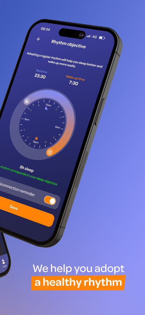Personal Morning Routine WayUp - WayUp app interface showing personalized sleep rhythm objectives and bedtime settings