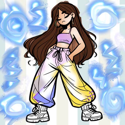 girl in baggy pants crop top and long hair