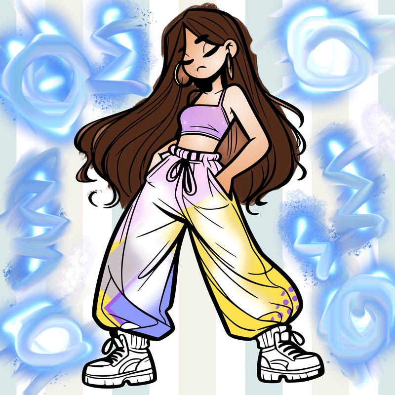 girl in baggy pants crop top and long hair