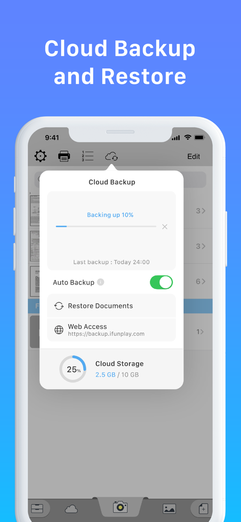 Interface of Faster Scan app showing cloud backup progress and storage usage status