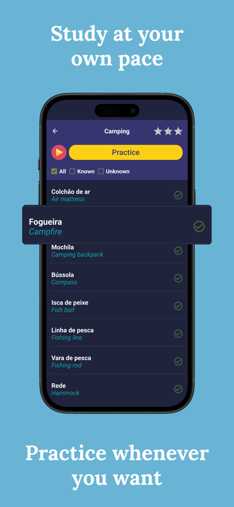 Learn Portuguese (Beginners) - A mobile interface of the Learn Portuguese app displaying a camping vocabulary list with terms like campfire and backpack.