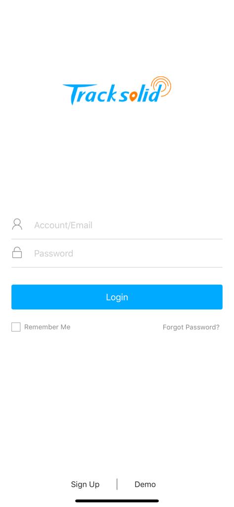 Tracksolid app login screen showing fields for email and password and a blue login button