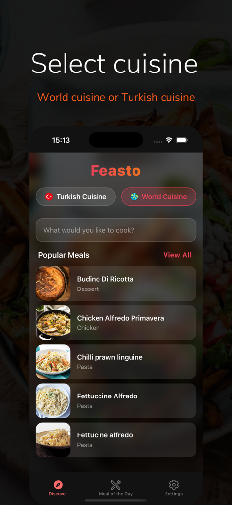 Feasto - Video Recipes - Feastoモバイルアプリのインターフェース。トルコ料理と世界の料理のオプションが表示され、パスタやデザートなどの人気動画レシピのリストが表示されます。