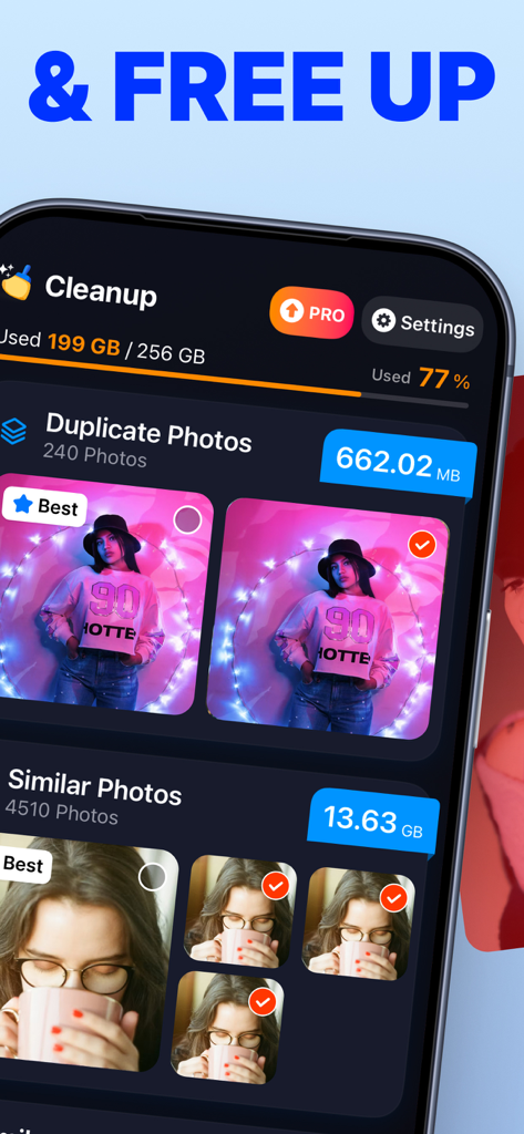 ClearMind:Photo Boost Cleaner - Pantalla de limpieza de la app ClearMind identificando fotos duplicadas y similares para liberar espacio de almacenamiento