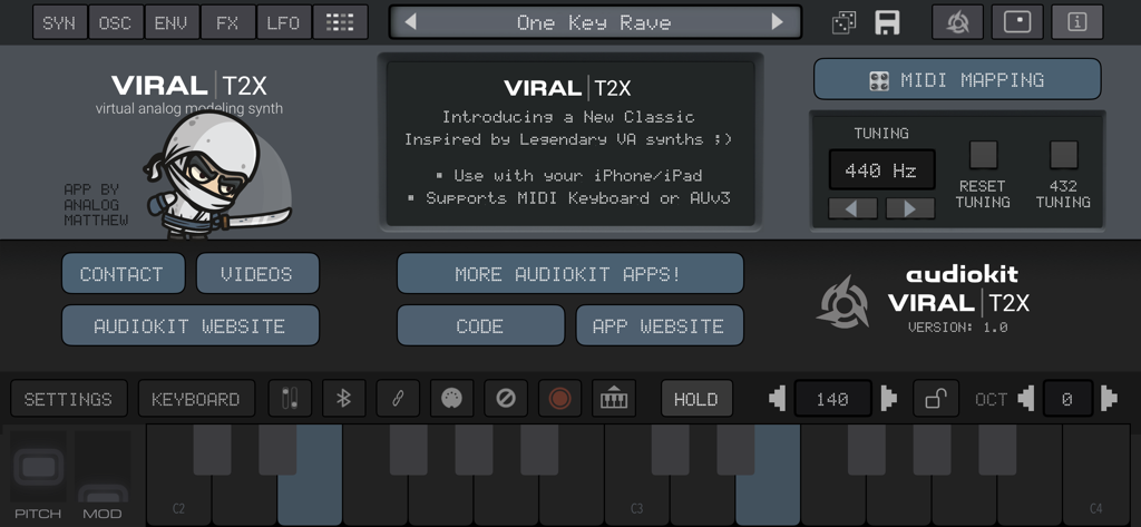 VIRAL Synth T2x | Synthesizer - Interface of the VIRAL Synth T2x virtual analog synthesizer app showing various controls and a ninja mascot