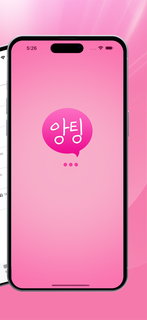 앙팅 즐팅 동네 채팅 친구 대화 - 분홍색 배경에 말풍선 모양의 한국어 로고가 있는 앙팅 로컬 채팅 앱 스플래시 화면