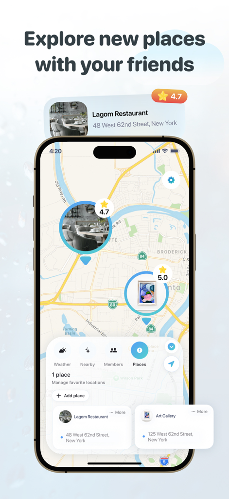 Track Family, Friends: WayMate - WayMate app interface showing a map with local attractions like restaurants and galleries