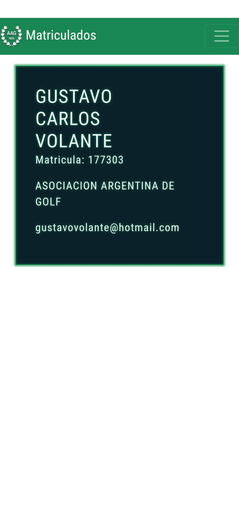 AAG Matriculados - Tarjeta de membresía digital de un golfista registrado en la aplicación móvil AAG Matriculados