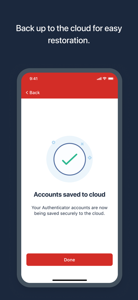 A smartphone screen showing that LastPass Authenticator accounts have been successfully saved to the cloud.