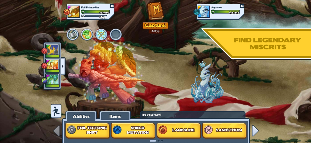 Miscrits - A turn-based battle in Miscrits showing Foil Primordius facing Aquarion with a legendary capture option