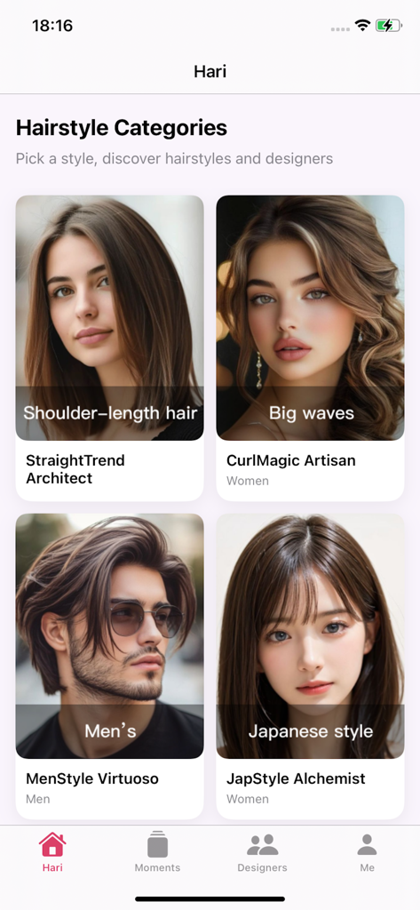 Harier - Harier app interface showing various hairstyle categories for men and women including shoulder length hair and big waves