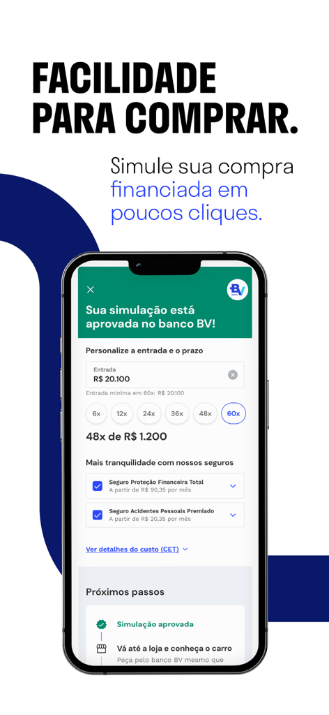 NaPista: comprar carros - Interface móvel do aplicativo NaPista mostrando uma simulação de financiamento de carro com opções de pagamento mensal e escolhas de seguro