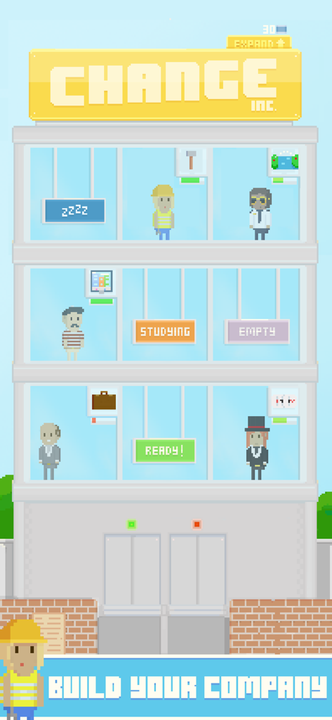 Virtual Beggar - 버추얼 베거에서 직원과 상태 표시가 있는 픽셀 아트 사무실 건물