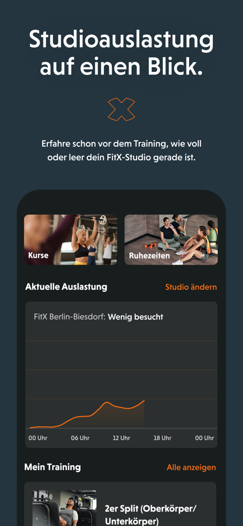 FitX App - Tela do aplicativo móvel FitX mostrando um gráfico de ocupação da academia em tempo real e planos de treino personalizados